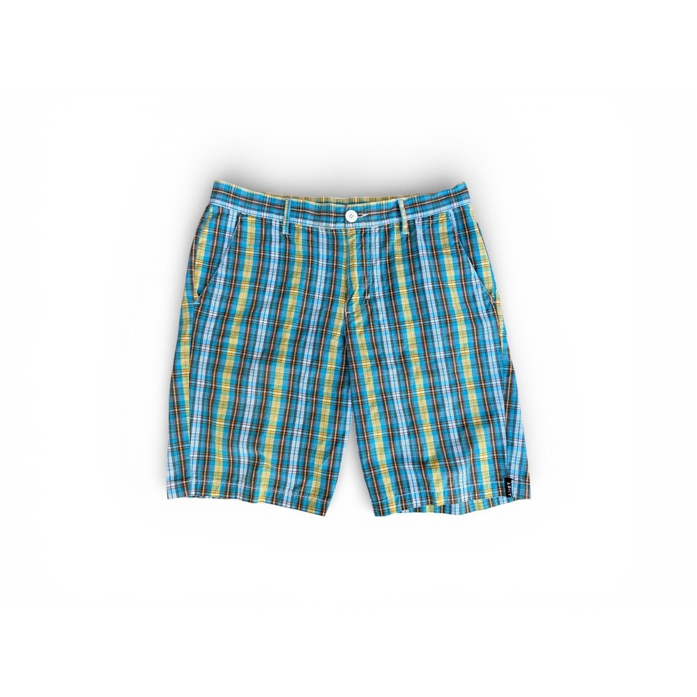 Lost Enterprises Mens Plaid Walk Shorts Blue Yellow Cotton Surf Size 32